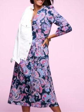 Talbots Petite Navy Purple Pink Paisley Floral Button Front Dress. Size 14P.